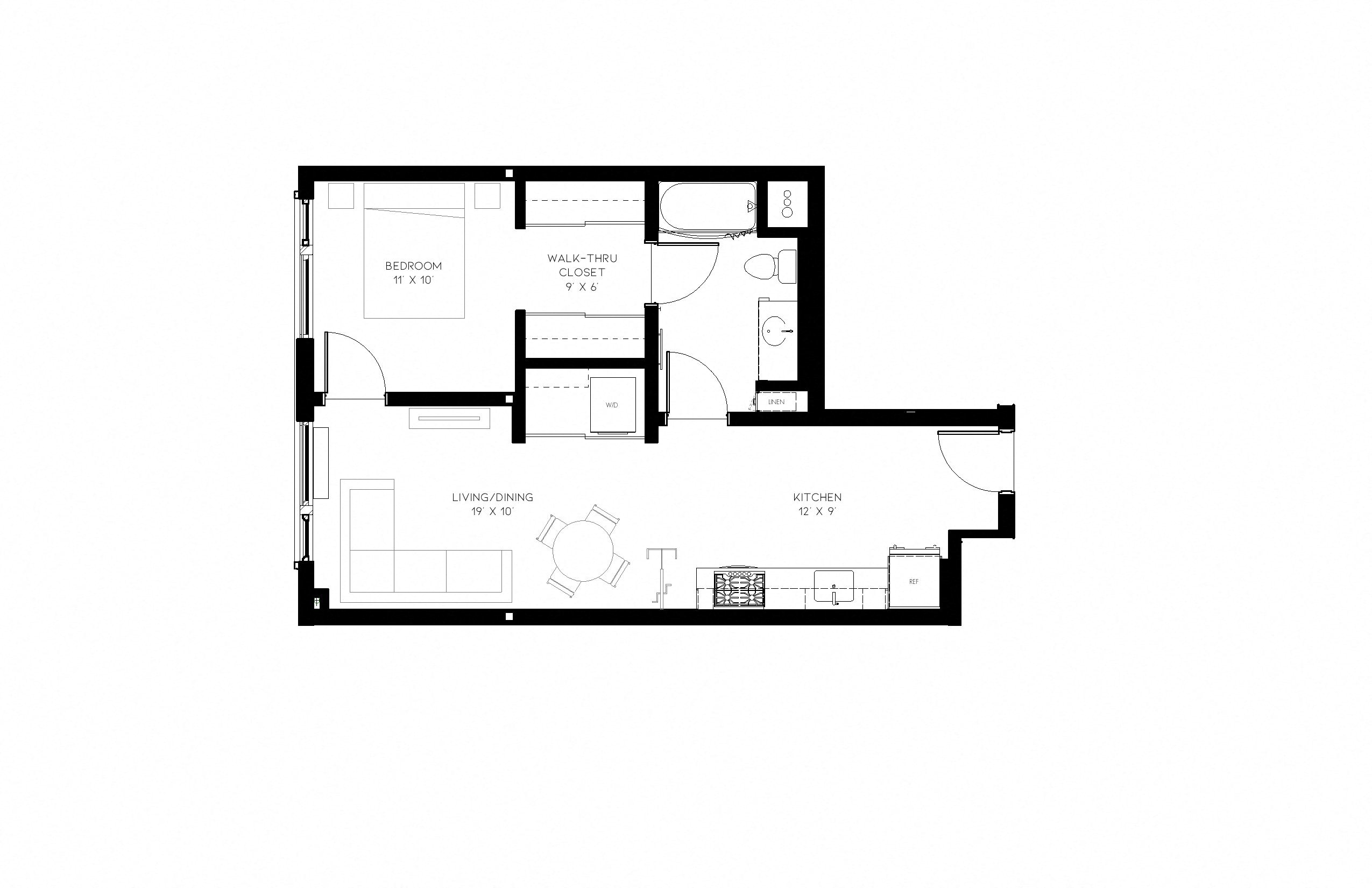 Floor plan for 1 bed, 1 bath, 655 sqft